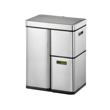 EKO Mirage Plus Sensor Recycler EK9338 in brushed stainless steel, 60 Litre capacity with separate compartments for efficient sorting, featuring sensor and manual functions.