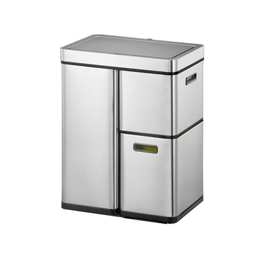 EKO Mirage Plus Sensor Recycler EK9338 in brushed stainless steel, 60 Litre capacity with separate compartments for efficient sorting, featuring sensor and manual functions.