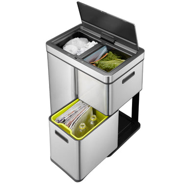 EKO Mirage Plus Sensor Recycler EK9338 in brushed stainless steel, 60 Litre capacity with separate compartments for efficient sorting, featuring sensor and manual functions.