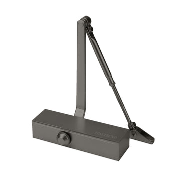 Italtecno 203 UL listed fire rated door closer in brown, displaying a rectangular control box and jointed arm mechanism.