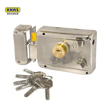 Khas Maximum LT-311MN SN/NP Rim Lock with satin nickel and polished finish, durable construction, and secure locking mechanism.