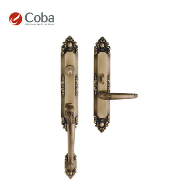 Bronces Coba 40610 Residential Entrance Set with Mortise Lock and Cylinders in Old Antique Brass Finish, made in Spain, featuring a classic and ornate design.