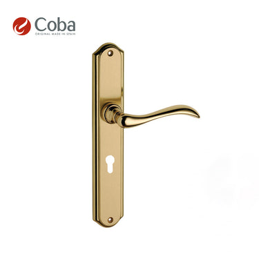 Bronces Coba 416 Handle Set on Plate in Gold Plated Finish, made in Spain, featuring a sleek and stylish design.