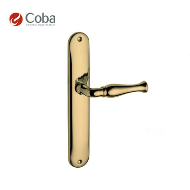 Bronces Coba 450 Handle Set on Plate in Old Antique Brass Finish, made in Spain, featuring a classic and timeless design.