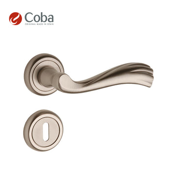 Bronces Coba 460-P Handle Set with Rosettes and Key Hole Escutcheon in Satin Nickel Finish, made in Spain, featuring a sleek and stylish design.