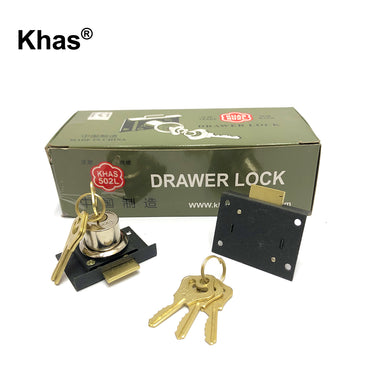 Khas 502L cabinet/drawer lock in a classic black finish with golden keys.