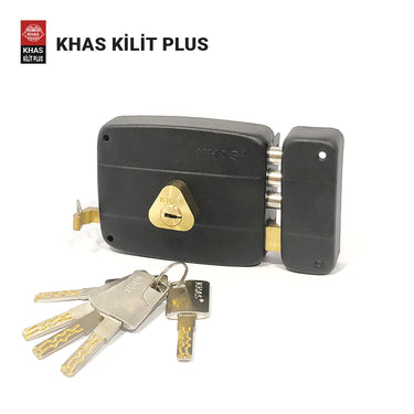 Khas Kilit Plus 540 12 3M Black Rim Lock with heavy-duty construction, triple rod locking mechanism, and a sleek black finish.