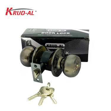 Krud-Al 5738 BN/AB Round Lock, also known as Door Knob, Keyed Entry Door Knob, Knob Lock, or Door Knob Lock, featuring a brushed nickel and antique brass finish with three keys.

