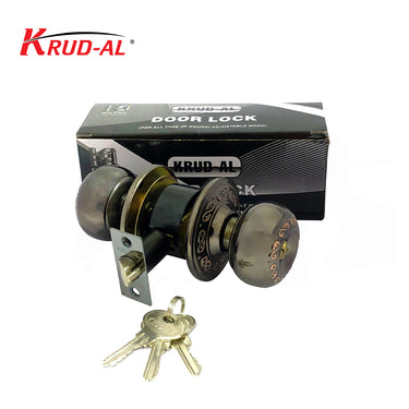 Krud-Al 5738 BN/AC Round Lock, also known as Door Knob, Keyed Entry Door Knob, Knob Lock, or Door Knob Lock, in brushed nickel and antique copper finish.