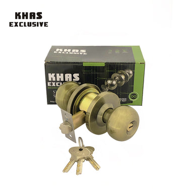 Khas Exclusive 5791 AB-ET Round Lock (also known as Door Knob, Keyed Entry Door Knob, Knob Lock, Door Knob Lock) in AB-ET finish with three keys and hardware for secure and stylish installation.