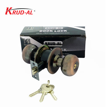 Krud-Al 5791 BN/AC Round Lock, also known as Door Knob, Keyed Entry Door Knob, Knob Lock, in brushed nickel and antique copper finish, including three keys.