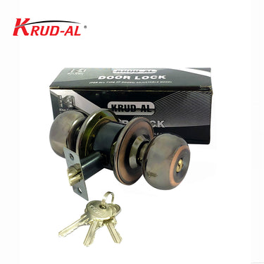 Krud-Al 5793 BN/AC Round Lock, also known as Door Knob, Keyed Entry Door Knob, Knob Lock, with brushed nickel and antique copper finish, including three keys for security.