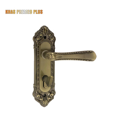 Khas Premeo Plus 5827-199 door handle set in antique brass finish with intricate detailing and ergonomic design.