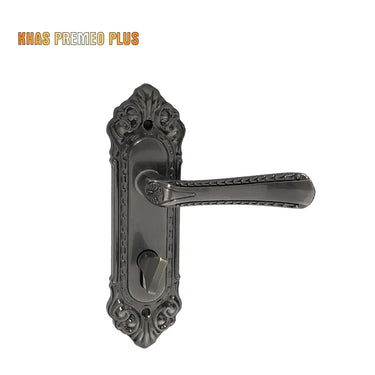 Khas Premeo Plus 5805-71 door handle set in satin nickel and black nickel finish with intricate carvings and ergonomic design.