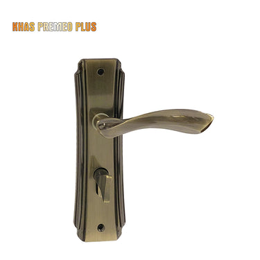 Khas Premeo Plus 5812-03 door handle set in antique brass finish with curved design and ergonomic grip.