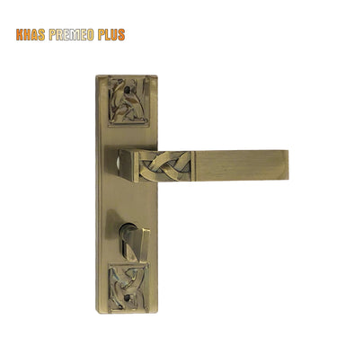 Khas Premeo Plus 5816-16 door handle set in antique brass finish with intricate design on handle and backplate.