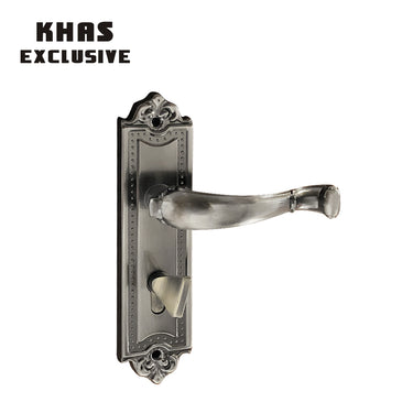 Khas Exclusive 5823-296 door handle set in Satin Nickel and Brushed Nickel finishes with intricate detailing on the handle and backplate.