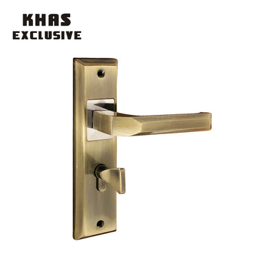 Khas Exclusive 5827-197 door handle set in antique brass and chrome finish with a sleek faceted design.