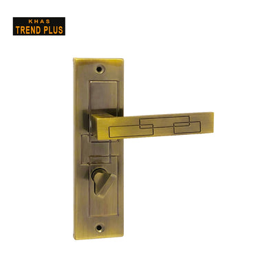 Khas Trend Plus 5827-49 Door Handle Set in Antique Brass finish, featuring a modern rectangular design with an elegant look.