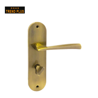Khas Trend Plus 5846-203 Door Handle Set in Antique Brass (AB) finish, showcasing a sleek and curved design with a classic finish.