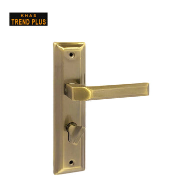 Khas Trend Plus 5878-86 Door Handle Set in Antique Brass finish, showcasing a sleek geometric design with a classic look.