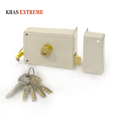 Khas Extreme 630-120 White Rim Lock with a set of keys.