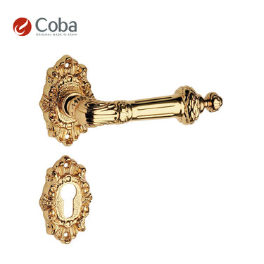 Bronces Coba 630-SG Handle Set with Rosettes and Key Hole Escutcheon in P.O.V Finish, made in Spain, featuring an intricate design.
