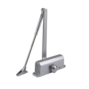 Italtecno 632 UL listed fire rated door closer in silver, featuring a compact mechanical body and jointed arm assembly.