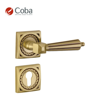 Bronces Coba 640-C Handle Set with Rosettes and Keyhole Escutcheon in P.O.V Finish, made in Spain, featuring an intricate design.