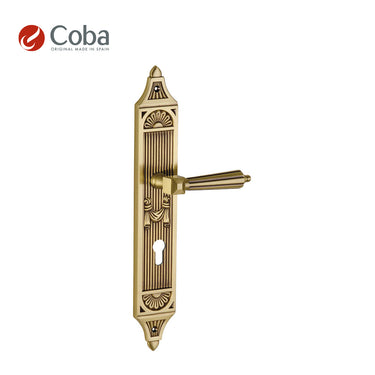 Bronces Coba 640 Handle Set on Plate in P.O.V Finish, made in Spain, featuring an intricate design.