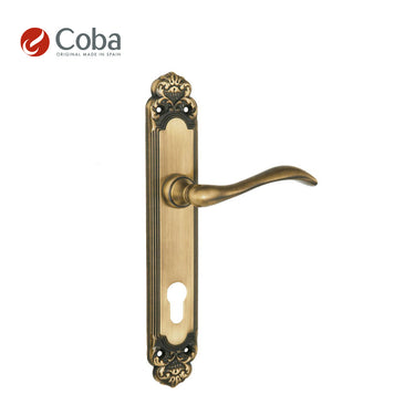 Bronces Coba 725 Handle Set on Plate in Matt Old Antique Finish, made in Spain, featuring a classic and timeless design.