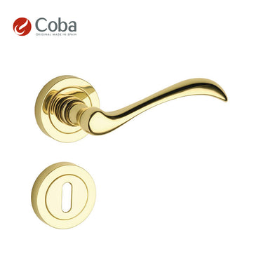 Bronces Coba 740-P Lever Handle Rosette with Escutcheons in Polished Brass Finish, made in Spain, featuring a classic and elegant design.