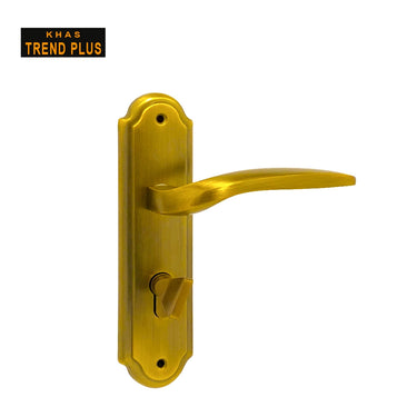 Khas Trend Plus 86M208-267 Door Handle Set in MAE finish, featuring a sleek curved design and a golden hue.