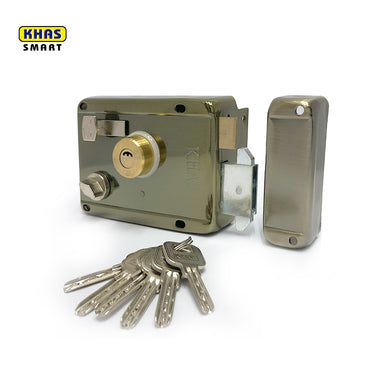 Khas Smart 910B AB Rim Lock with an antique brass finish, featuring a secure locking mechanism and durable construction.