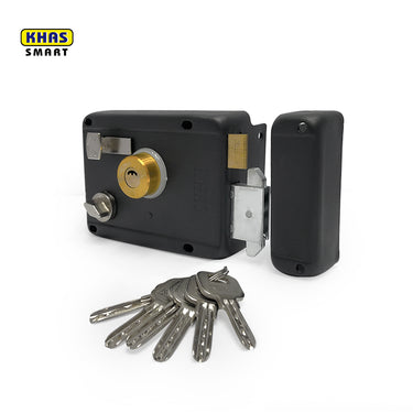 Khas Smart 910B Matt Black Rim Lock with a sleek matt black finish, providing secure locking and durable construction.