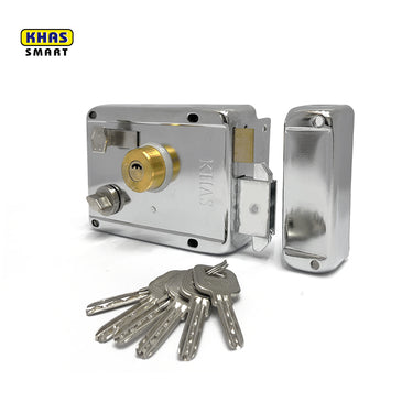 Khas Smart 910B SS/SP Rim Lock featuring a modern stainless steel/satin polished finish, offering secure locking and durable construction.