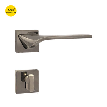 Khas Triumph Plus A14-1562 door handle set with rosette in brushed nickel finish, featuring a bold angular design and sleek modern look.
