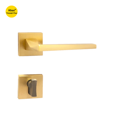 Khas Triumph Plus A14-1593 door handle set with rosette in matt brass finish, featuring a bold geometric design and contemporary elegance.