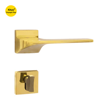 Khas Triumph Plus A14-1601 door handle set with rosette in PVD finish, featuring a sleek curved design and luxurious modern look.