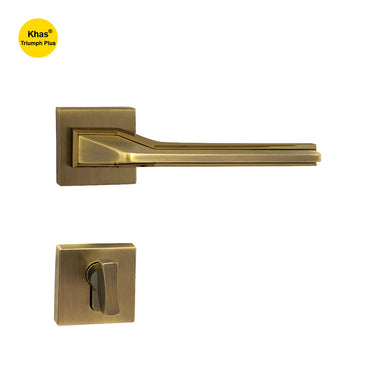 Khas Triumph Plus A14-1716 door handle set with rosette in matt antique brass and antique brass finish, featuring a layered design for a sophisticated look.