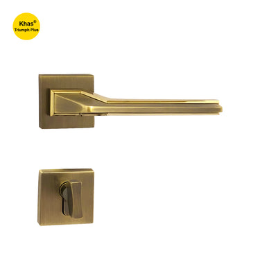Khas Triumph Plus A14-1716 door handle set with rosette in matt antique brass and PVD finish, featuring a layered design for a modern yet classic look.