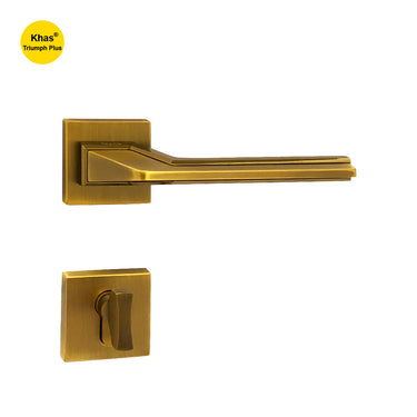 Khas Triumph Plus A14-1716 door handle set with rosette in matt antique brass and antique brass finish, featuring a layered design and refined look.