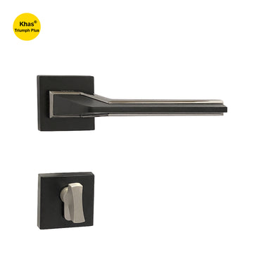 Khas Triumph Plus A14-1716 door handle set with rosette in matt black and brushed nickel finish, featuring a layered design for a sleek modern look.