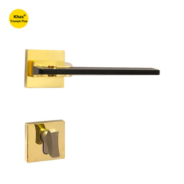 Khas Triumph Plus A32-1629 door handle set with rosette in matt black and PVD finish, featuring a sleek modern design and ergonomic grip.