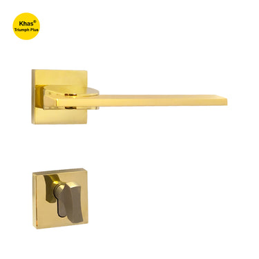 Khas Triumph Plus A32-1629 door handle set with rosette in matt brass and PVD finish, showcasing a sleek modern design with durable construction.