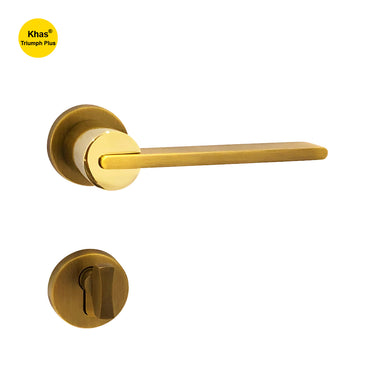 Khas Triumph Plus A32-1630 door handle set with rosette in matte antique brass and PVD finish, featuring a sleek modern design and durable construction.