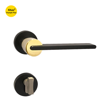 Khas Triumph Plus A32-1630 door handle set with rosette in matt black and PVD finish, featuring a sleek modern design and ergonomic grip.