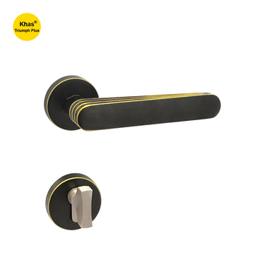 Khas Triumph Plus A32-1711 door handle set with rosette in oil-rubbed bronze finish, featuring layered design and golden accents.