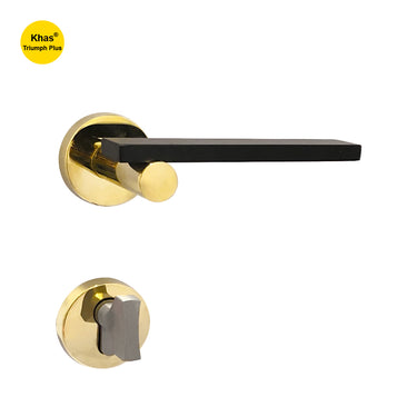 Khas Triumph Plus A32-1714 door handle set with rosette in matt black and PVD finish, showcasing a sleek minimalist design and high-quality build.