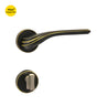 Khas Triumph Plus A65-1622 door handle set with rosette in oil-rubbed bronze finish, featuring golden accents and a curved, ridged design for a vintage look.
